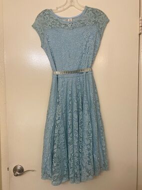 Light Blue Lace Fit-and-Flare Dress with Accent Belt